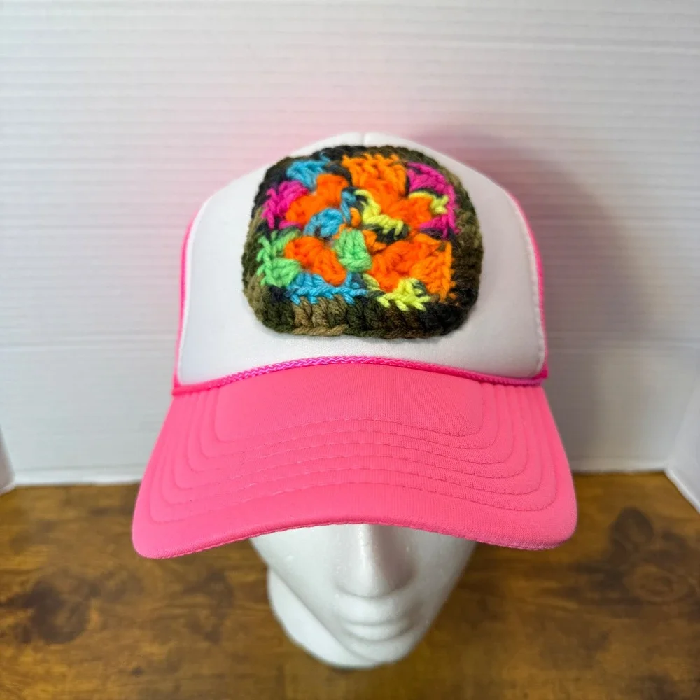 Handmade Crochet Granny Square Patch Trucker Hat Cap Neon Pink White Boho Unique